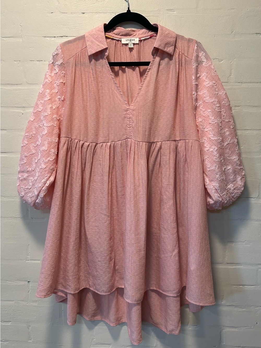 Umgee Blush Pink Babydoll Tunic Puff Sleeve Size L Cottagecore Boho Coquette